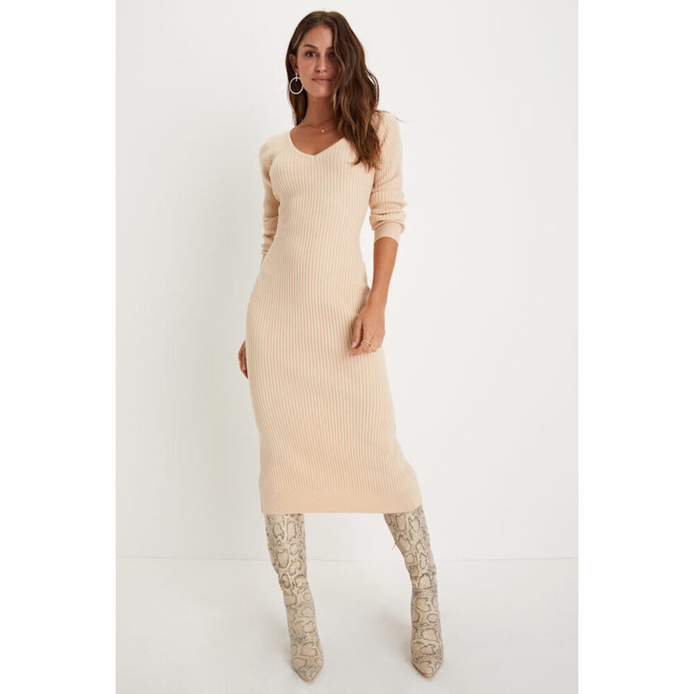 Everyday Beauty Beige Long Sleeve Ribbed Knit Sweater Dress